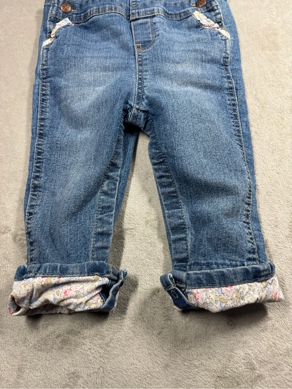 Oshkosh B’Gosh Baby Girl Denim Blue Jean Floral Trim Overalls Size 18 Months